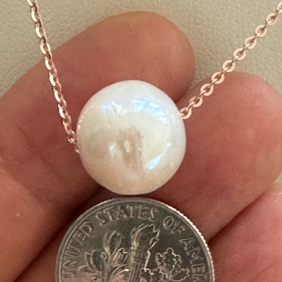 Hand Crafted Jewelry - 12mm White Cultured Pearl Floating on 14K ROSE Gold - 18 Inches (Adjustable)